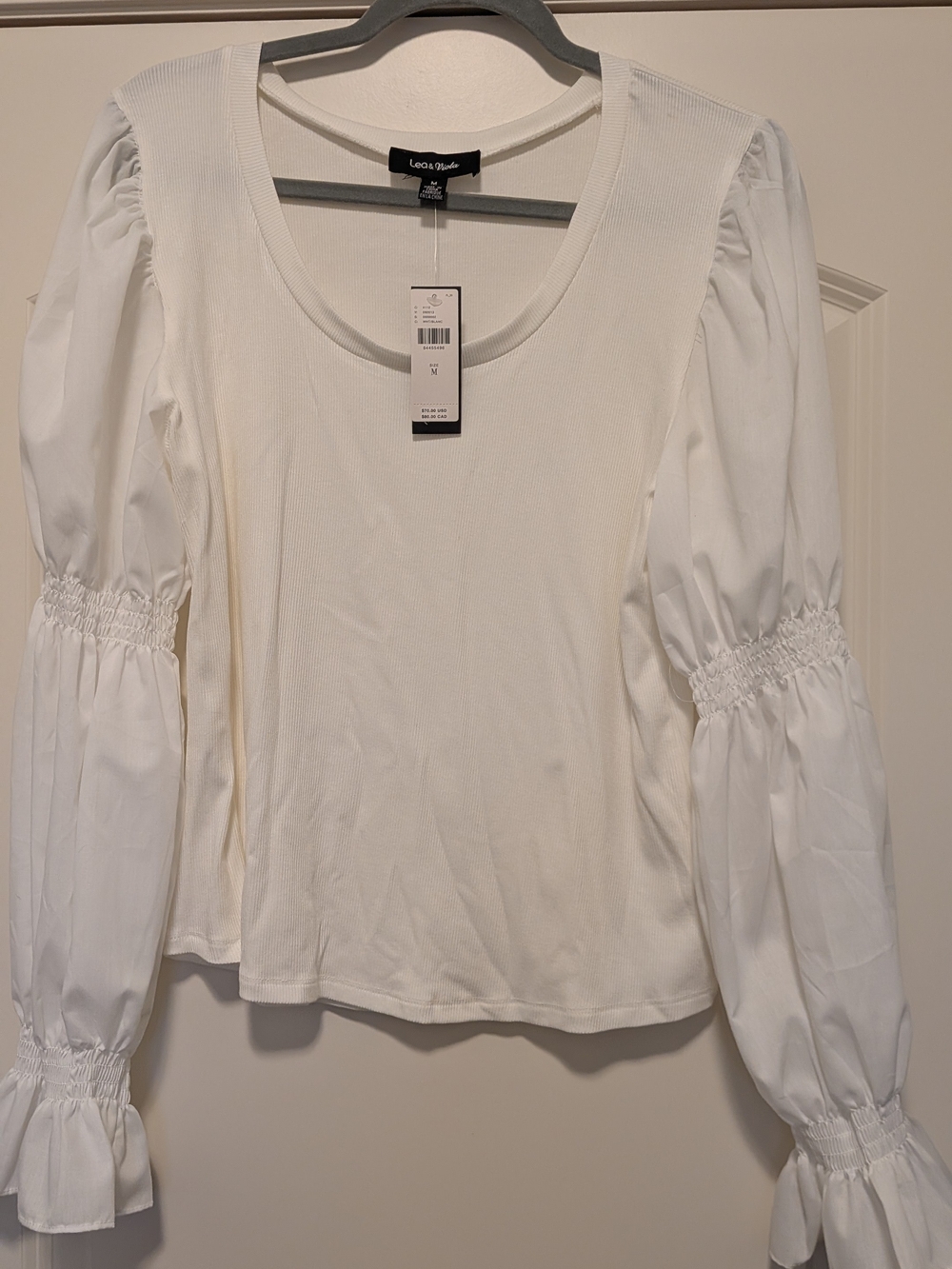 Anthropologie Lea &Viola White Puff Sleeve Scoop Neck Top